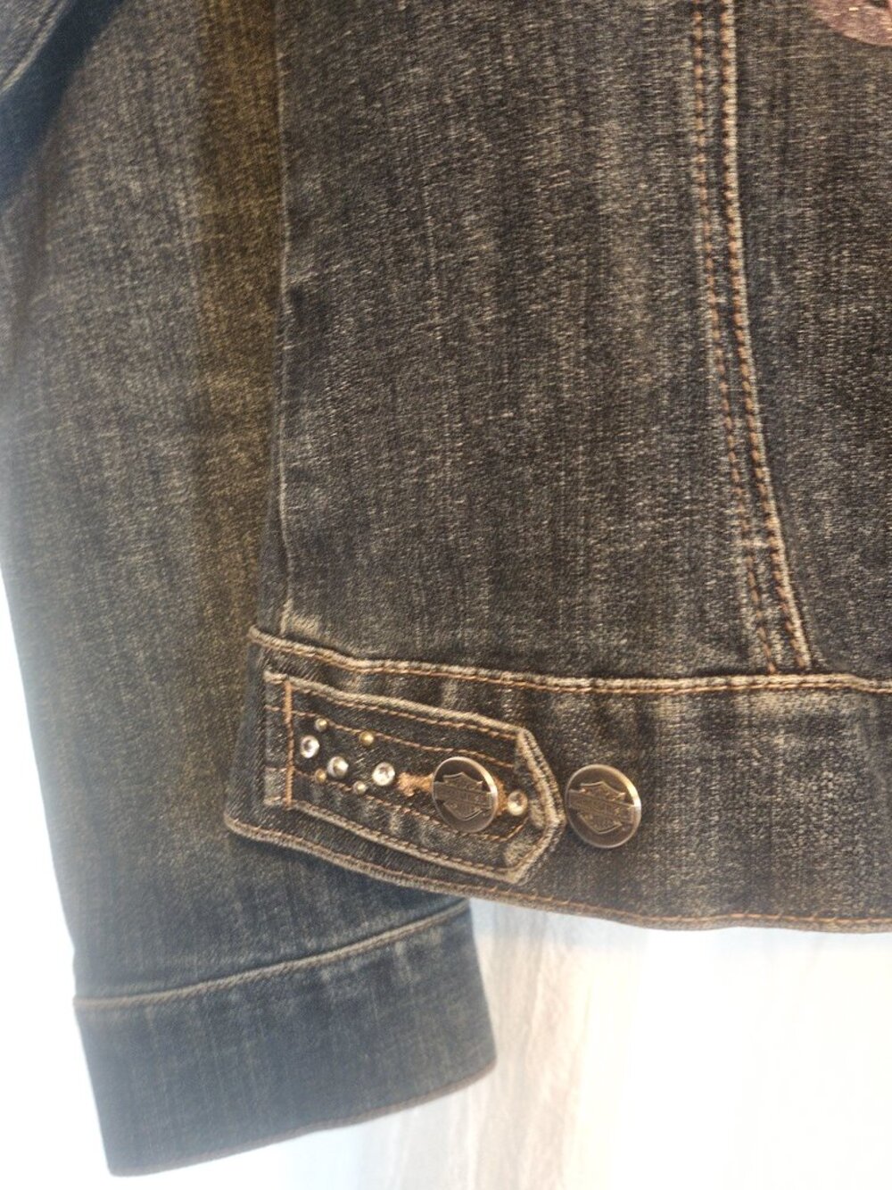 Harley Davidson Womens M Rhinestone Studded Denim Jacket Bling Wings - Picture 10 of 12